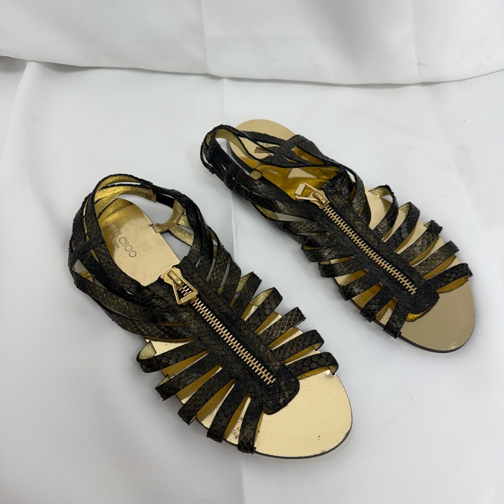 JIMMY CHOO BLACK LEATHER STRAPPY SNAKE PRINT GLADIATORS SIZE 41